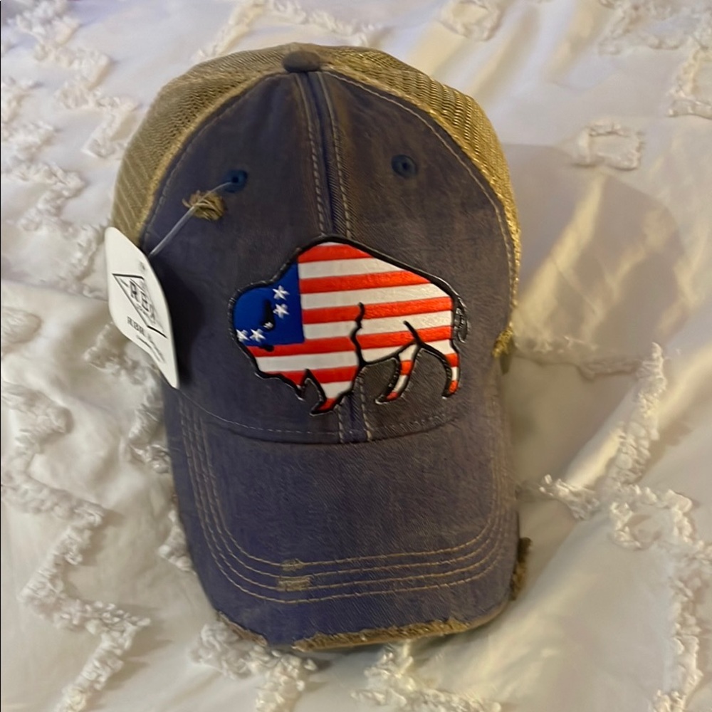 Blue and Tan Cap with American Flag Buffalo Patch